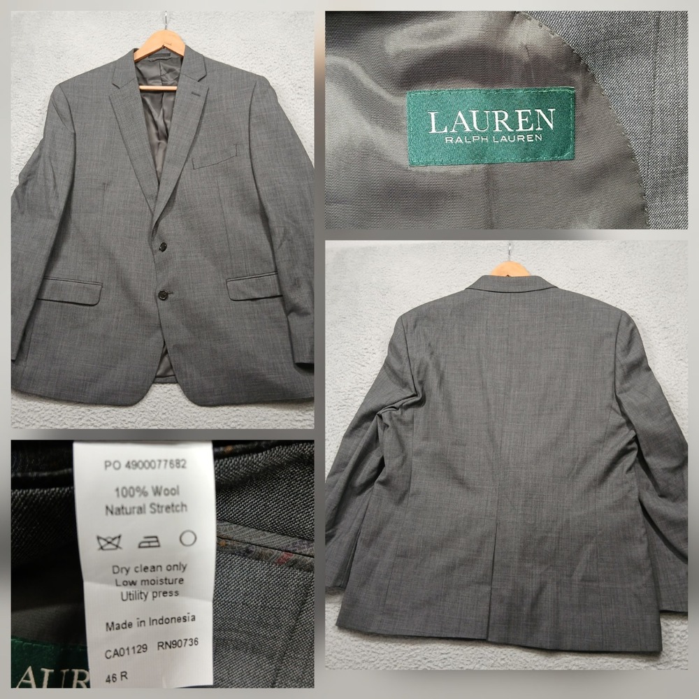 Lauren Ralph Lauren Men's Blazer 46R Gray 100% Wool‎ Two Button Natural Stretch